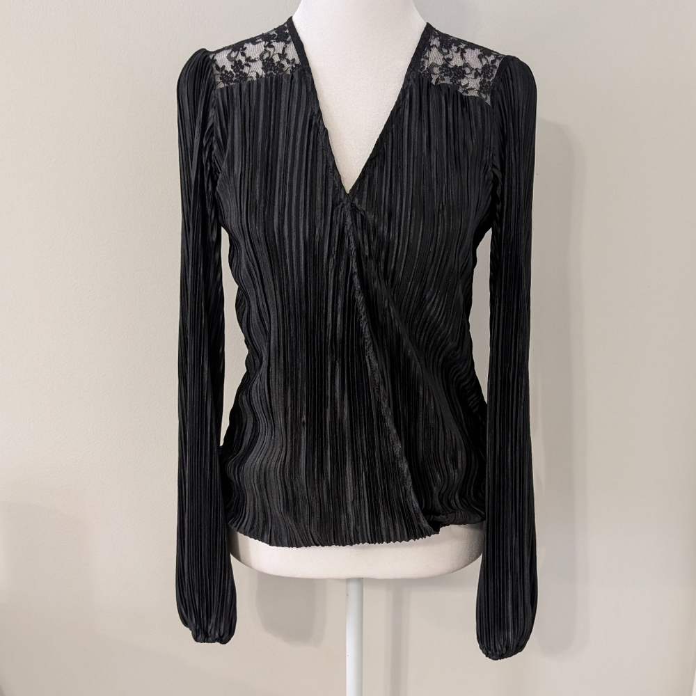 Blue Sol Womens Faux Wrap Top SMALL‎ Fairy Grunge Lace Satin Crinkle Holiday